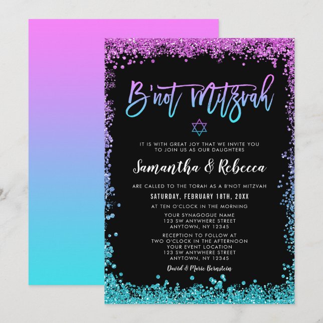 Lila Teal Faux Glitter B'not Mitzvah Inbjudningar (Fram/baksida)