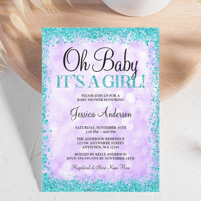 Lila Teal Faux Glitter Ljus Girl Baby Shower Inbjudningar (Skapare uppladdad)