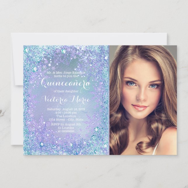 Lila Teal Frusen Vinter Värld Quinceanera Inbjudningar (Framsida)