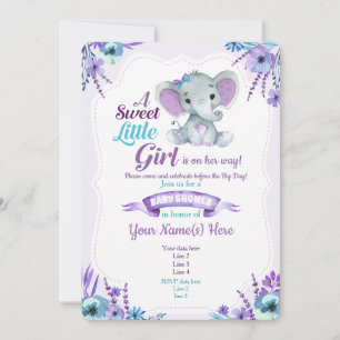 Lila Teal girl elephant-inbjudningsduschen för bar Inbjudningar