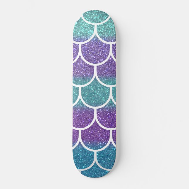 Lila Teal Glitter Sjöjungfru Scallop Scale Mini Skateboard Bräda 18,5 Cm (Framsida)