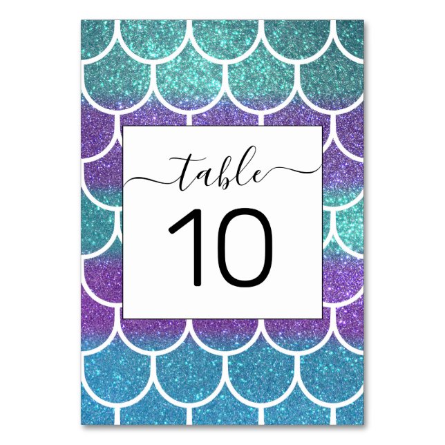 Lila Teal Glitter Sjöjungfru Scallop Scales Bordsnummer (Framsidan)