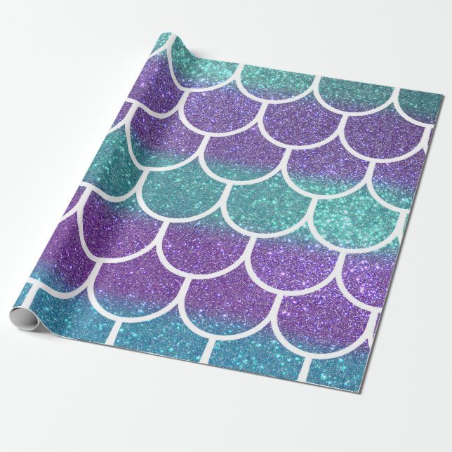 Lila Teal Glitter Sjöjungfru Scallop Scales Presentpapper (Utrullad)
