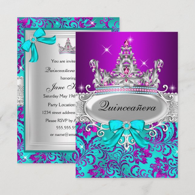 Lila Teal Glitter Tiara Quinceanera Inbjudan (Fram/baksida)