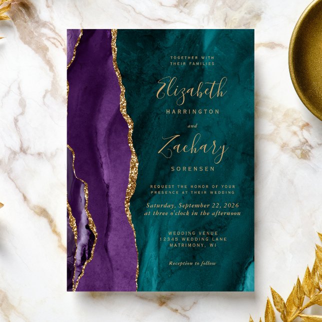 Lila Teal Guld Agate Bröllop Inbjudningar (An elegant choice for a wedding with a purple and teal color palette.)