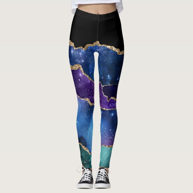 Lila Teal Guld Glitter Marble Leggings (Framsida)