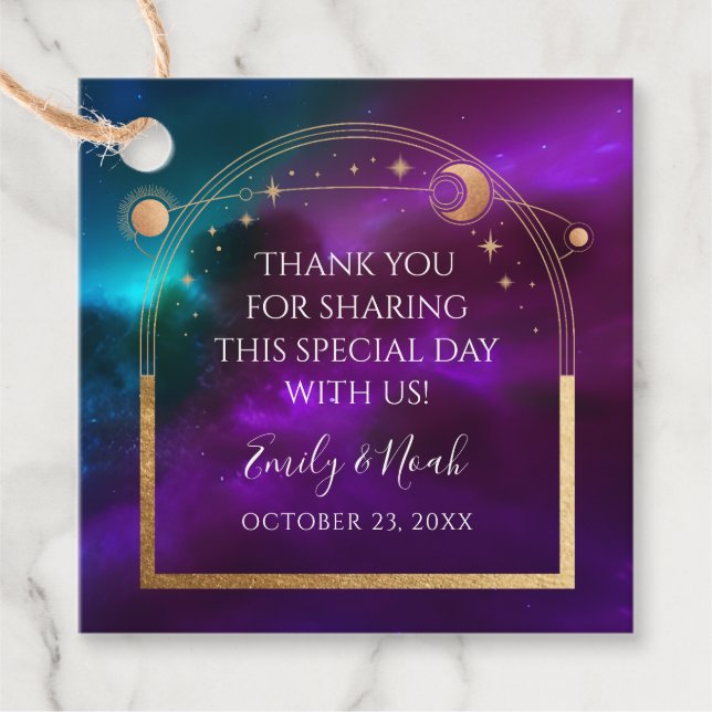 Lila Teal Guld Måne-astronomin Bröllop Gåvor Etiketter (Framsida)