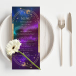 Lila Teal Guld Måne-astronomin Bröllop Meny<br><div class="desc">Kortet för den kosmetiska Lilan Teal Guld Måne Astronomy Bröllop har sol, måne och stjärnor med en Sol i guld på en färgstark ram-, teal- och blå kosmisk bakgrund med dina menydetaljer i mitten i det moderna lila kalligrafiskriptet. Anpassa genom att redigera texten i textrutorna. Designad för dig av Evco...</div>
