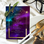 Lila Teal Guld Sol Måne Stars Bröllop Meny<br><div class="desc">Kortet för den kosmetiska Lilan Teal Guld Måne Stars Space Bröllop har en guld sol, måne och stjärnor Sol på en färgstark mystisk ram, teal och blå kosmisk bakgrund med dina menydetaljer i mitten av det moderna lila kalligrafiskriptet för guld. Anpassa genom att redigera texten i textrutorna. Designad för dig...</div>
