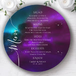 Lila Teal Guld Sol Måne Stars Bröllop Meny<br><div class="desc">Menykort för Kosmisk Lila Teal Guld Space Bröllop har enkla guld-stjärnor på en färgstark mystisk lila,  teal och blå kosmisk bakgrund med dina menydetaljer i mitten i det moderna vita kalligrafiskriptet. Anpassa genom att redigera texten i textrutorna. Designad för dig av Evco Studio © på www.zazzle.com/store/evcostudio</div>