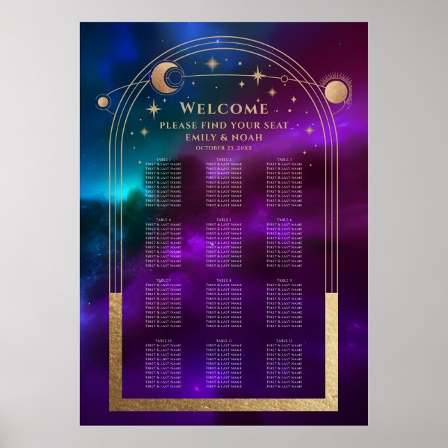 Lila Teal Guld Sol Måne Stars Bröllop Poster (Framsidan)