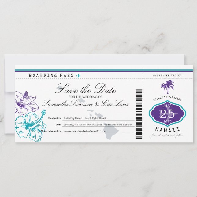 Lila Teal Hibiscus Flower Hawaii Boarding Pass Spara Datumet (Framsida)
