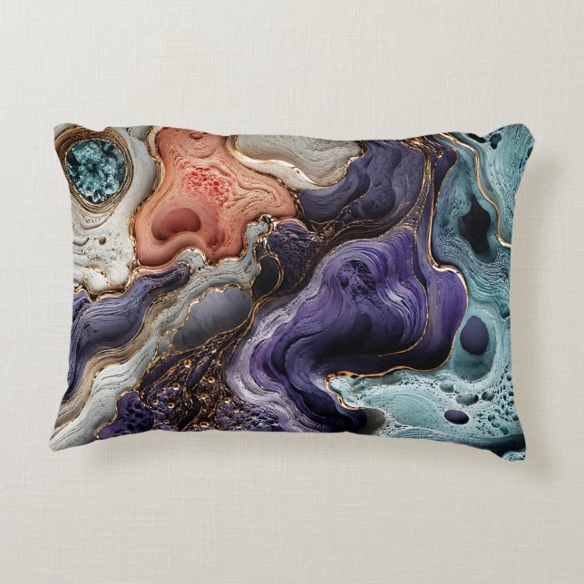 Lila Teal Korall Abstrakt Kastkudde | Boho Konst Prydnadskudde (Baksidan)