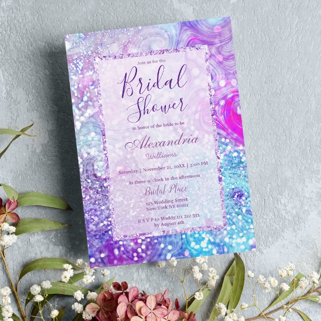 Lila teal lavender marble glitter Möhippa Inbjudningar (Purple teal lavender marble glitter Bridal Shower Invitation )