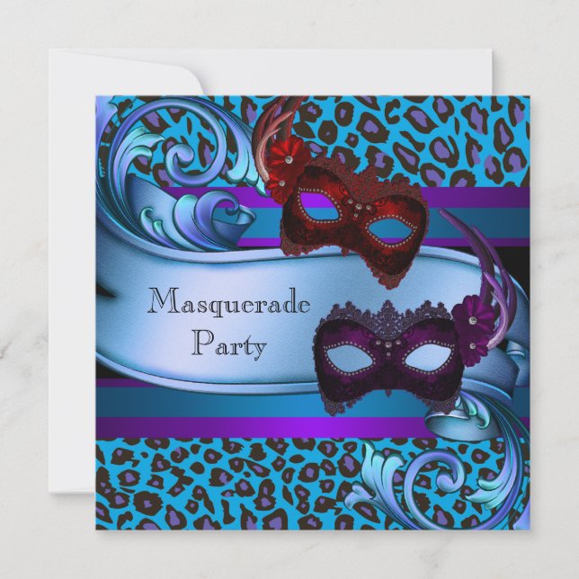 Lila Teal Leopardmasker Sweet 16 Masquerade Inbjudningar (Framsida)