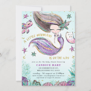 Lila Teal Little Sjöjungfru Baby Shower Inbjudningar