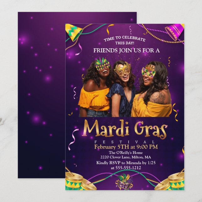 Lila | Teal MasqueraMask Mardi Gras Party Inbjudningar (Fram/baksida)