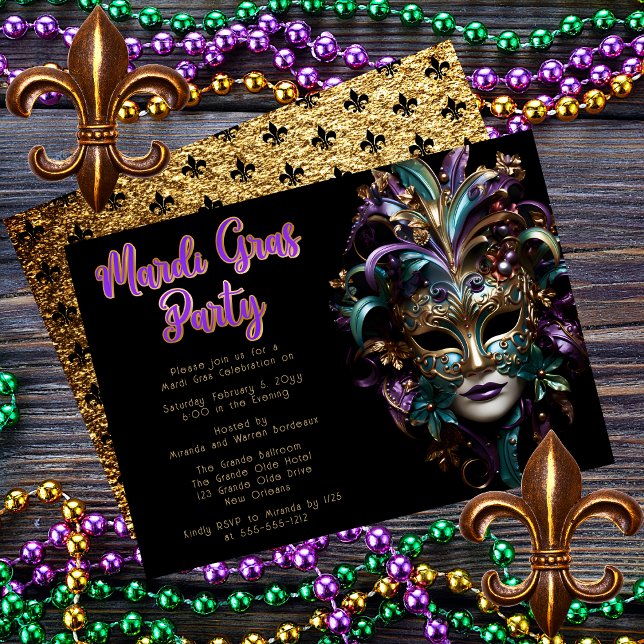 Lila | Teal Masqueramasken Mardi Gras Party Inbjudningar (Purple and Teal Masquerade Mask Mardi Gras Party Invitation)