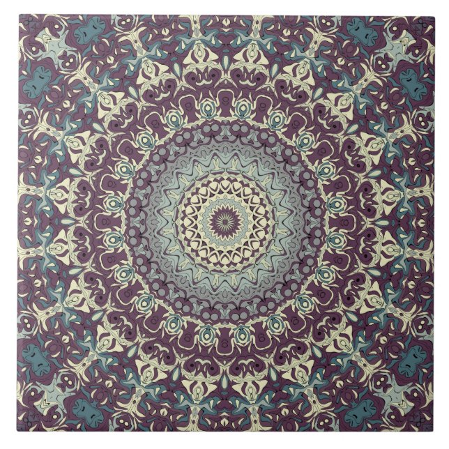 Lila Teal och Cream Mandala Mönster Kakelplatta (Framsidan)