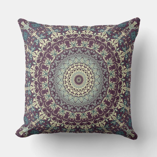 Lila Teal och Cream Mandala Mönster Kudde (Framsida)