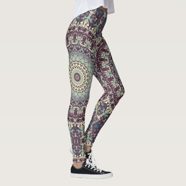 Lila Teal och Cream Mandala Mönster Leggings (Höger)