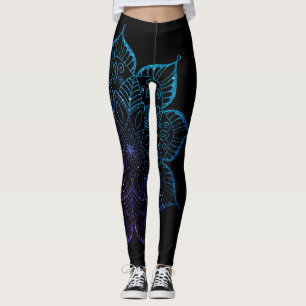 Lila & Teal Ombre Faux Glitter Mandala på Black Leggings