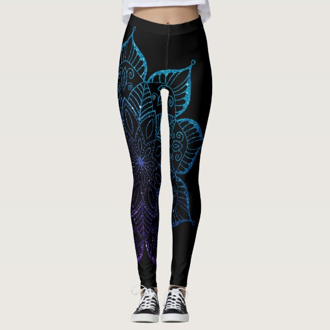 Lila & Teal Ombre Faux Glitter Mandala på Black Leggings (Framsida)