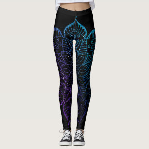 Lila & Teal Ombre Faux Glitter Mandala på Black Leggings