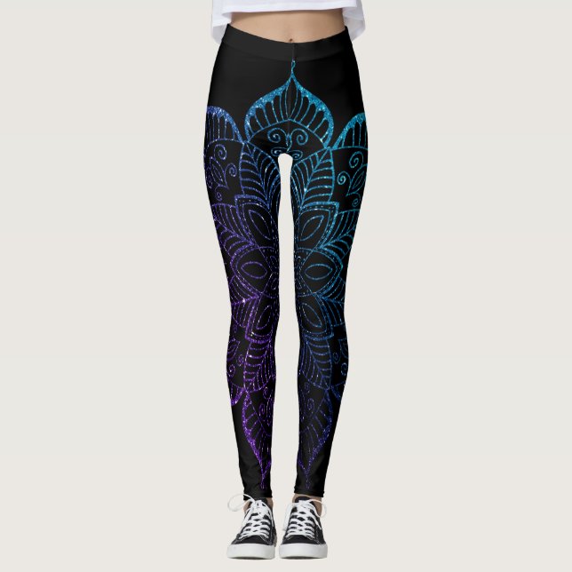 Lila & Teal Ombre Faux Glitter Mandala på Black Leggings (Framsida)