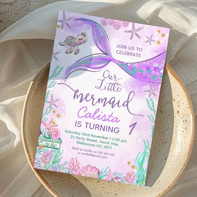 Lila Teal our Little Sjöjungfru 1st Birday Inbjudningar (Purple Teal Our Little Mermaid 1st Birthday Invitation, Instant Under the Sea Mermaid Birthday Party)