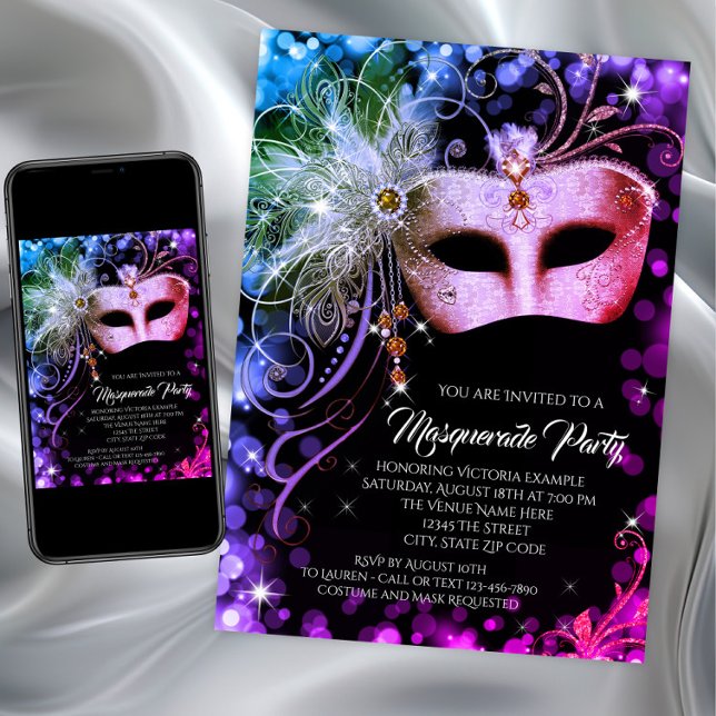 Lila Teal Rainbow MasqueraParty Inbjudningar (Rainbow masquerade party invitation with jewel mask on rainbow back. Any event masquerade party.)