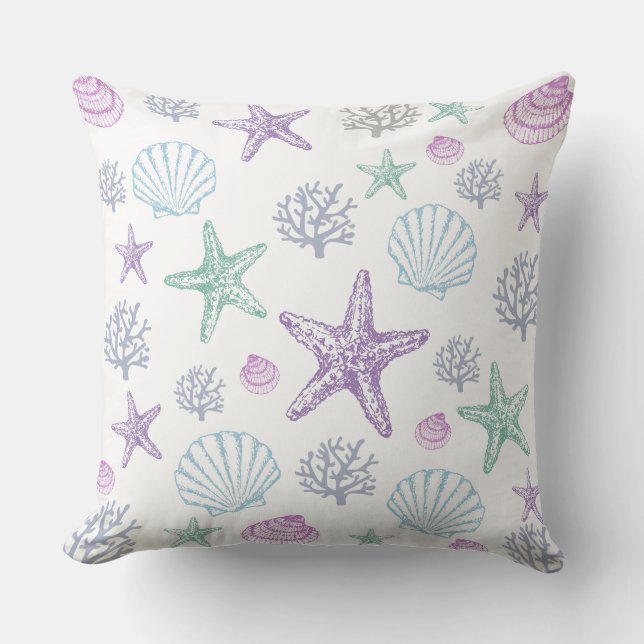 Lila Teal Seashell Starfish Coastal Snäcka Kudde (Framsida)