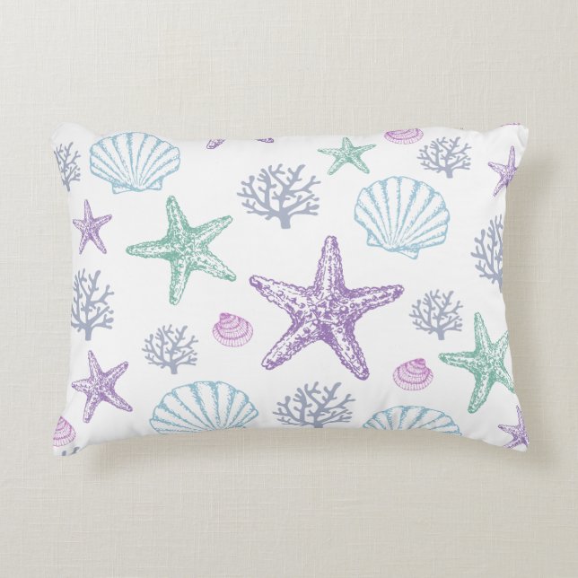 Lila Teal Seashell Starfish Coastal Snäcka Prydnadskudde (Framsidan)