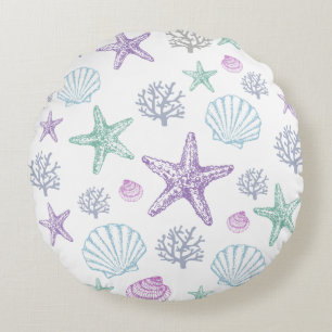 Lila Teal Seashell Starfish Coastal Snäcka Rund Kudde