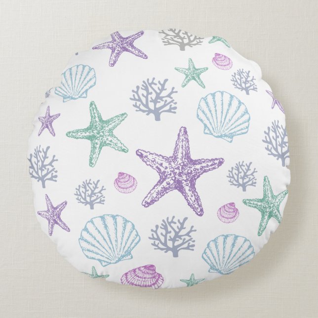 Lila Teal Seashell Starfish Coastal Snäcka Rund Kudde (Framsidan)