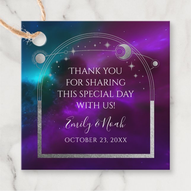 Lila Teal Silver Sol Måne Bröllop Gåvor Etiketter (Framsida)