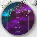 Lila Teal Silver Sol Måne Stars Bröllop Meny<br><div class="desc">Kortet för den kosmetiska Lilan Teal Silver Måne Stars Space Bröllop har en silver sol, måne och stjärnor Sol på en färgstark mystisk ram, teal och blå kosmisk bakgrund med dina menydetaljer i mitten av det moderna lila kalligrafiskriptet för silver. Anpassa genom att redigera texten i textrutorna. Designad för dig...</div>