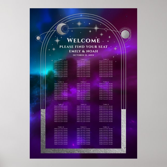 Lila Teal Silver Sol Måne Stars Bröllop Poster (Framsidan)