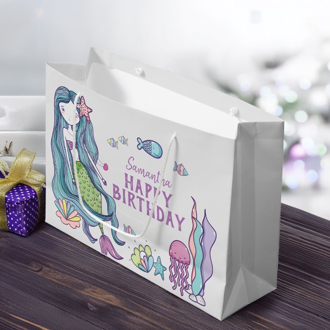 Lila Teal Sjöjungfru Grattis på födelsedagen Perso (Purple Teal Mermaid Happy Birthday Personalized Large Gift Bag)
