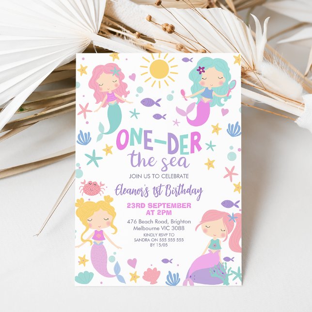 Lila Teal Sjöjungfru Oneder Sea 1:a födelsedag Inbjudningar (Editable Oneder the Sea Mermaid Invitation, First 1st Mermaid Birthday Invitation, Little Mermaid)