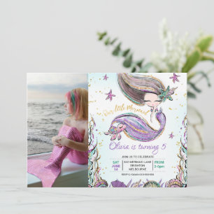 Lila Teal Sjöjungfru Turtle Photo Birthday Inbjudningar