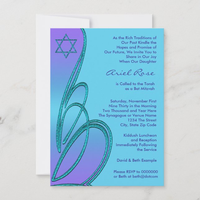 Lila Teal Star of David Bat mitzvah Inbjudningar (Framsida)