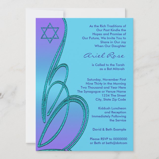 Lila Teal Star of David Bat mitzvah Inbjudningar (Framsida)