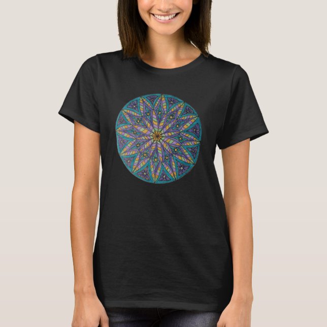 Lila/teal stjärnexplosion Mandala T-shirt (Framsida)