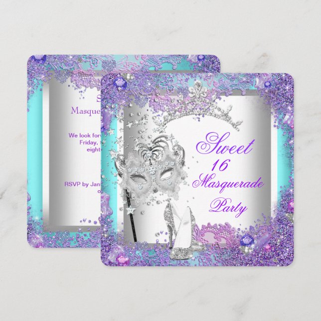 Lila Teal Sweet sixteen 16 Masquerad Party Inbjudningar (Fram/baksida)