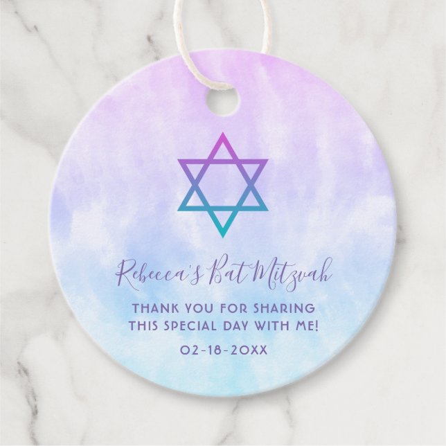 Lila Teal Tie Dye Bat mitzvah Gåvor Etiketter (Framsida)