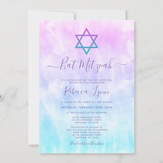 Lila Teal Tie Dye Bat mitzvah Inbjudningar (Framsida)