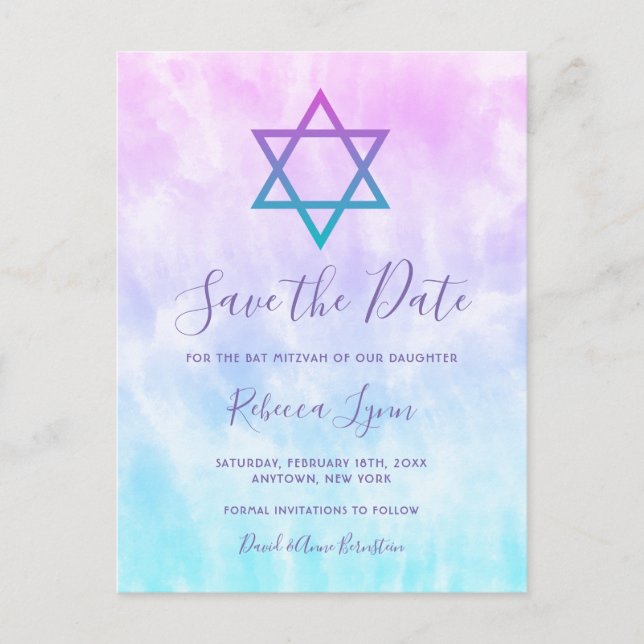 Lila Teal Tie Dye Bat mitzvah Spara datum Meddelande Vykort (Framsida)