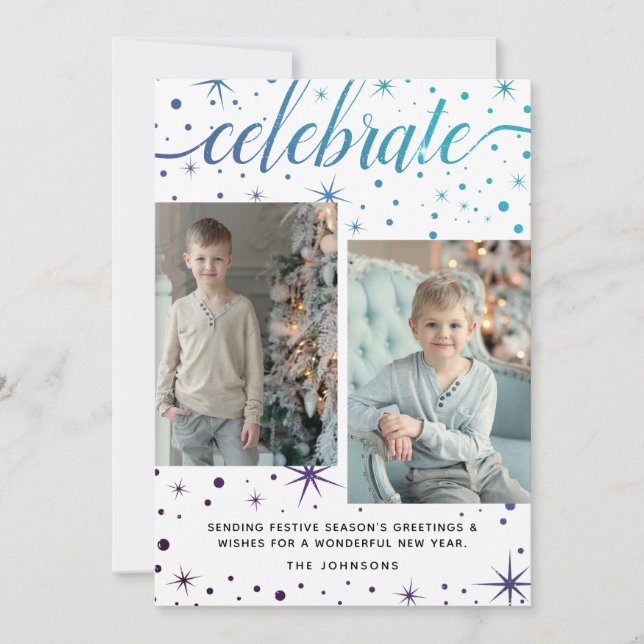 Lila Teal Typography Season's Greetings 2-Photo Julkort (Framsida)