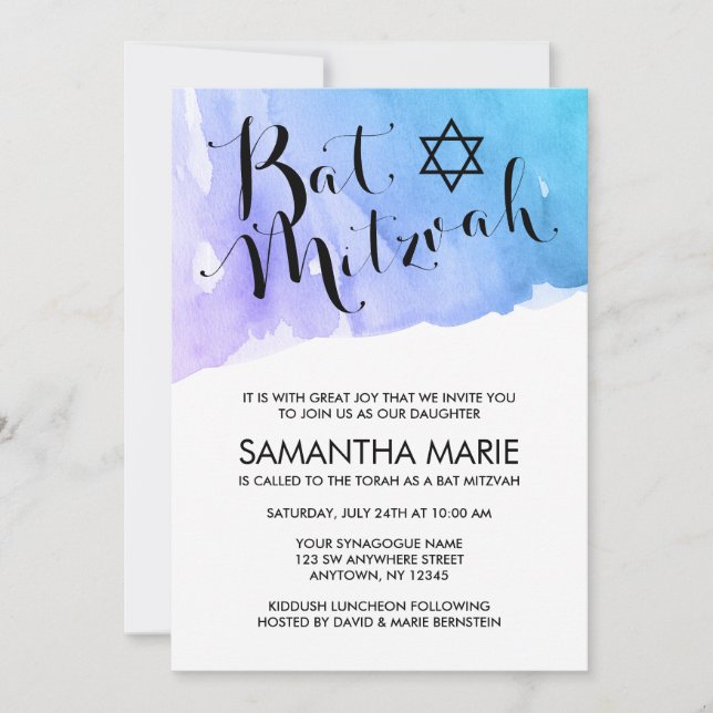 Lila Teal Vattenfärg Bat Mitzvah-inbjudningar Inbjudningar (Framsida)